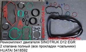 Ремкомплект двигателя SINOTRUK D12 EGR 2 клапана полный (все прокладки +сальн) HUATAI (5418592)